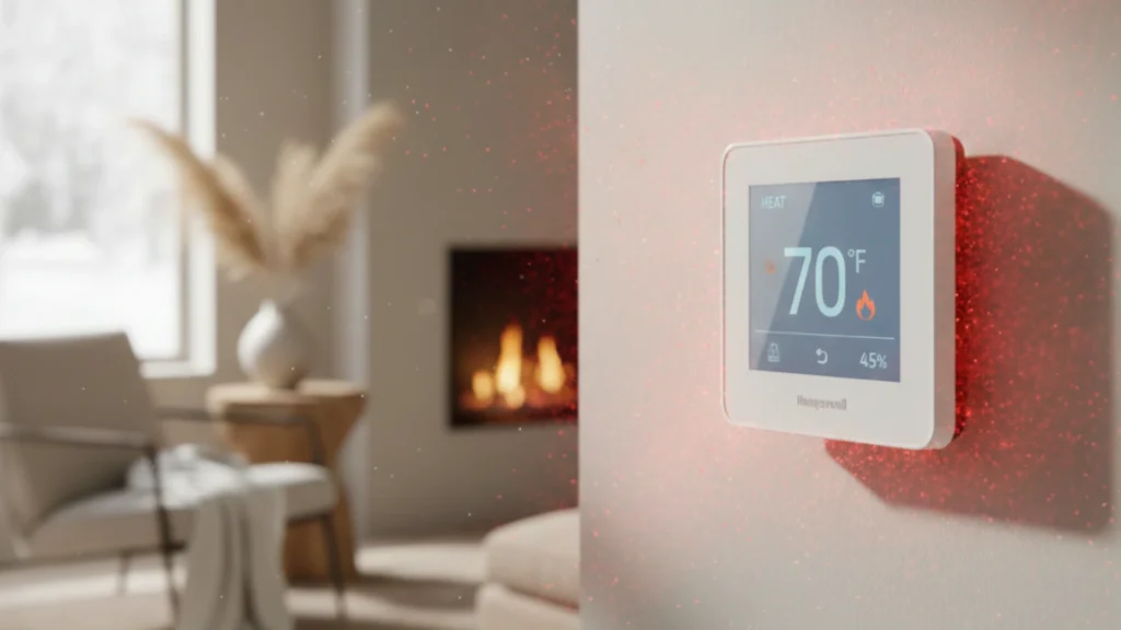Digital Honeywell thermostat installed on a wall in a modern home interior