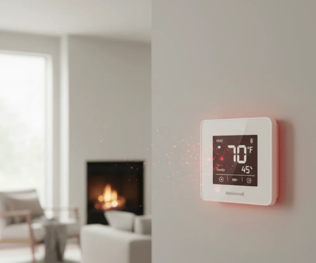 Honeywell thermostat on wall showing heat mode