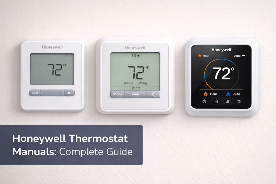 Three Honeywell Pro Series thermostats T1 T4 and T6 Pro mounted on wall showing home temperature screens