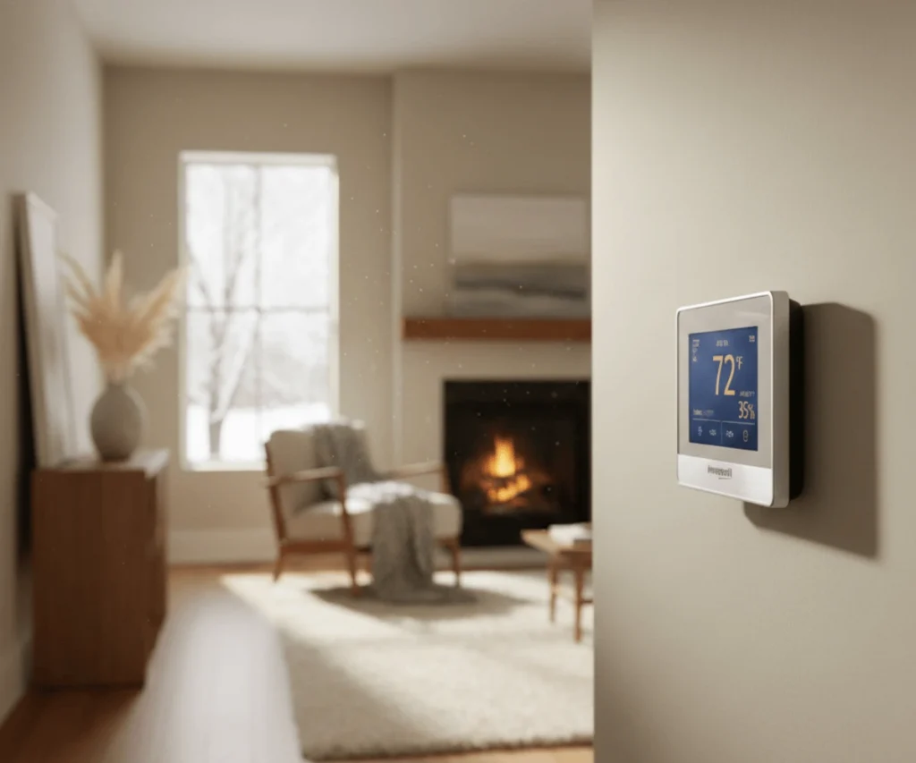 Smart thermostat on a wall in a modern home