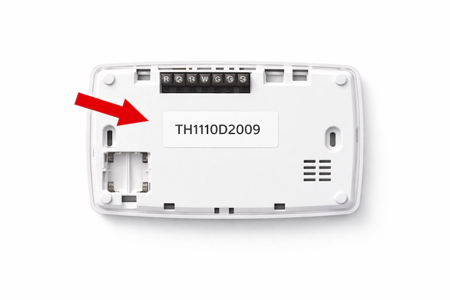 Honeywell T1 Pro model number location on back of thermostat showing TH1110D2009 label