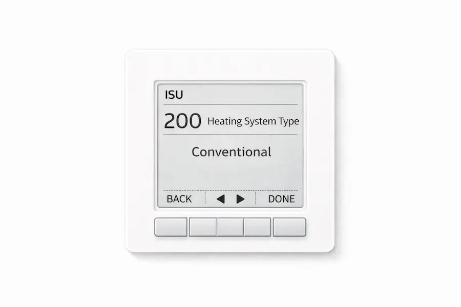 Honeywell T6 Pro ISU menu screen showing ISU 200 heating system type setting