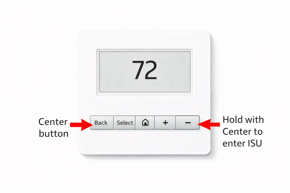 Honeywell T6 Pro thermostat button layout showing Center button Menu Select Back and Home