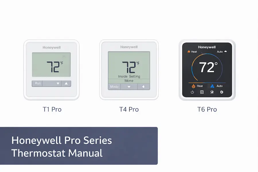 Honeywell Pro Series T1 Pro T4 Pro and T6 Pro thermostats displayed side by side flat illustration