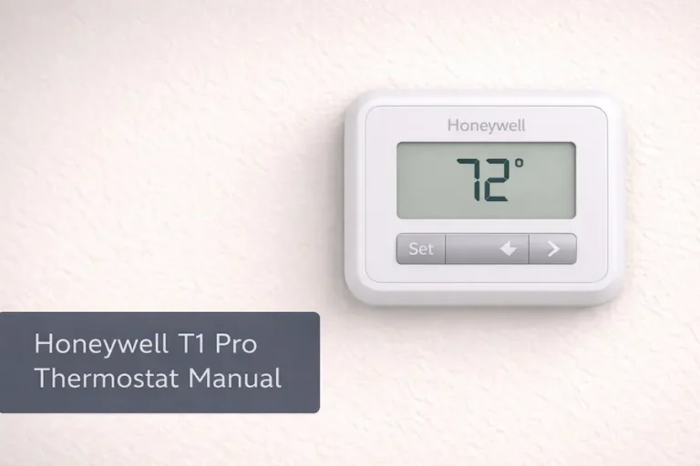 Honeywell T1 Pro thermostat mounted on wall with simple LCD home screen display