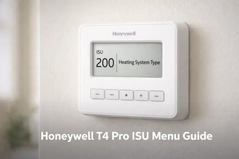 Honeywell T4 Pro ISU menu screen showing ISU 200 heating system type setting on TH4110U2005 thermostat