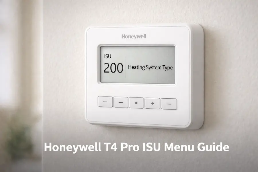 Honeywell T4 Pro ISU menu screen showing ISU 200 heating system type setting on TH4110U2005 thermostat