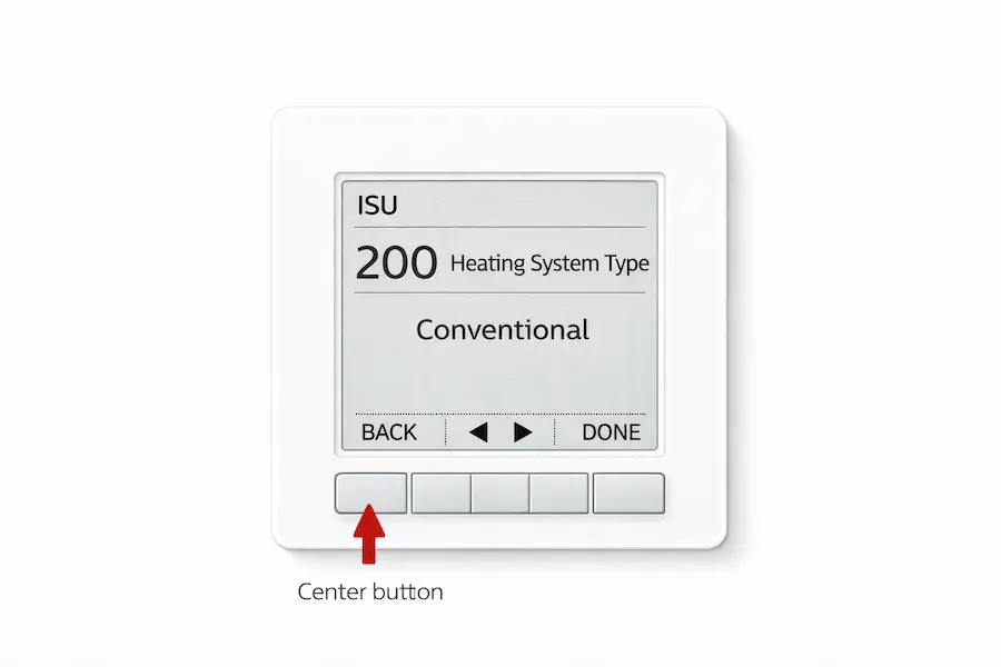 Honeywell T4 Pro ISU menu screen showing ISU 200 heating system type setting