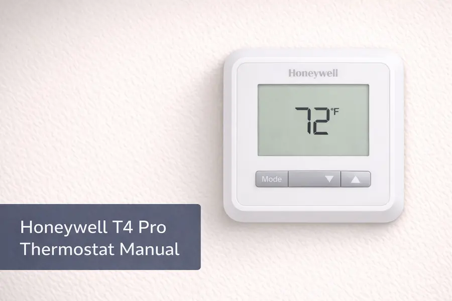 Honeywell T4 Pro thermostat mounted on wall showing home temperature screen