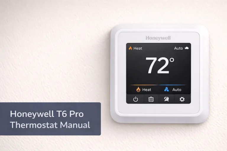 Honeywell T6 Pro thermostat mounted on wall showing home screen with temperature and mode settings