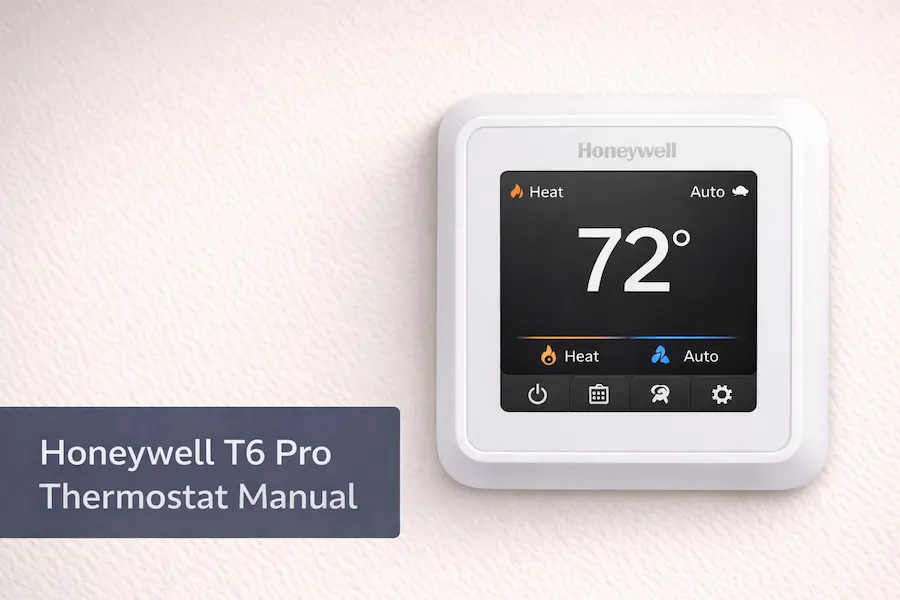 Honeywell T6 Pro thermostat mounted on wall showing home screen with temperature and mode settings