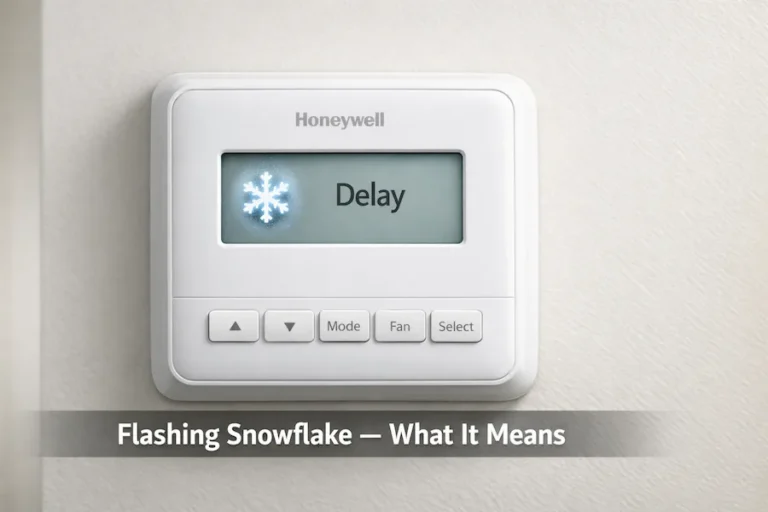 Honeywell T6 Pro thermostat showing flashing snowflake icon in delay mode
