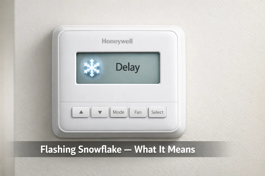 Honeywell T6 Pro thermostat showing flashing snowflake icon in delay mode