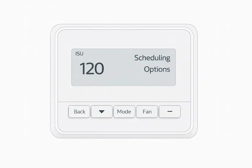What Is a Thermostat Installer Setup Menu? 2 Honeywell thermostat display showing ISU installer setup menu with numbered codes and navigation buttons