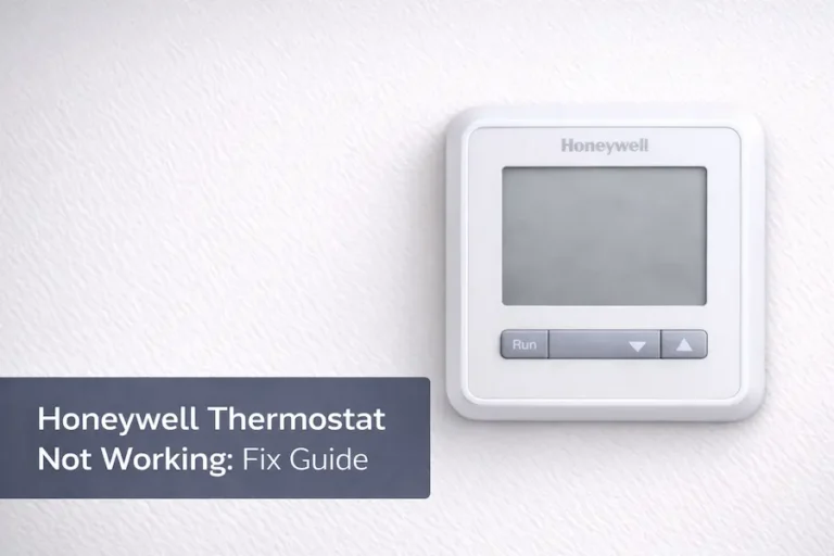 Honeywell thermostat mounted on wall with unresponsive blank display screen