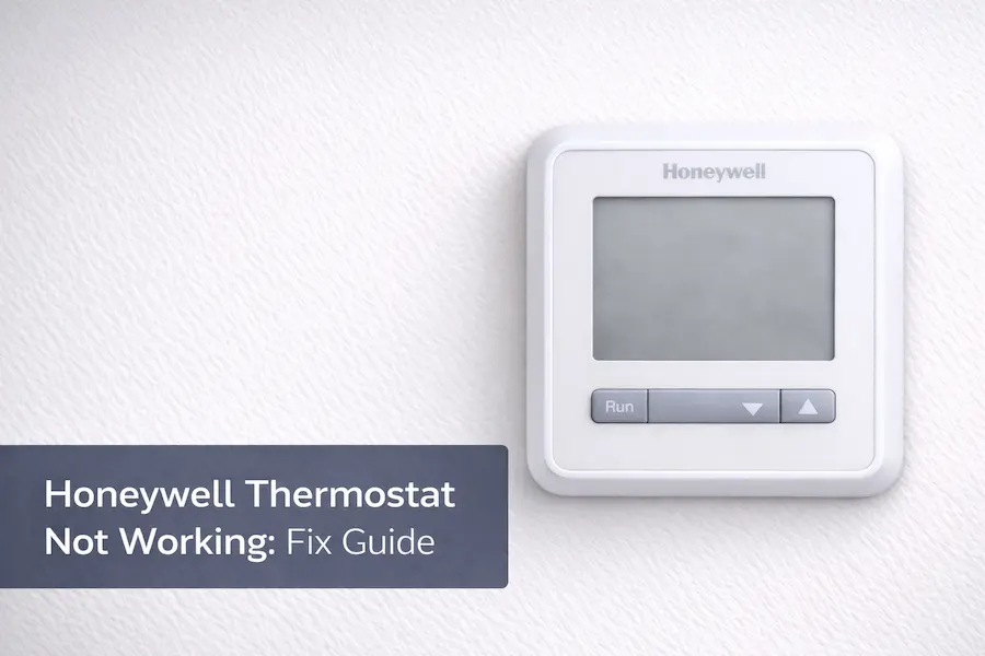 Honeywell thermostat mounted on wall with unresponsive blank display screen