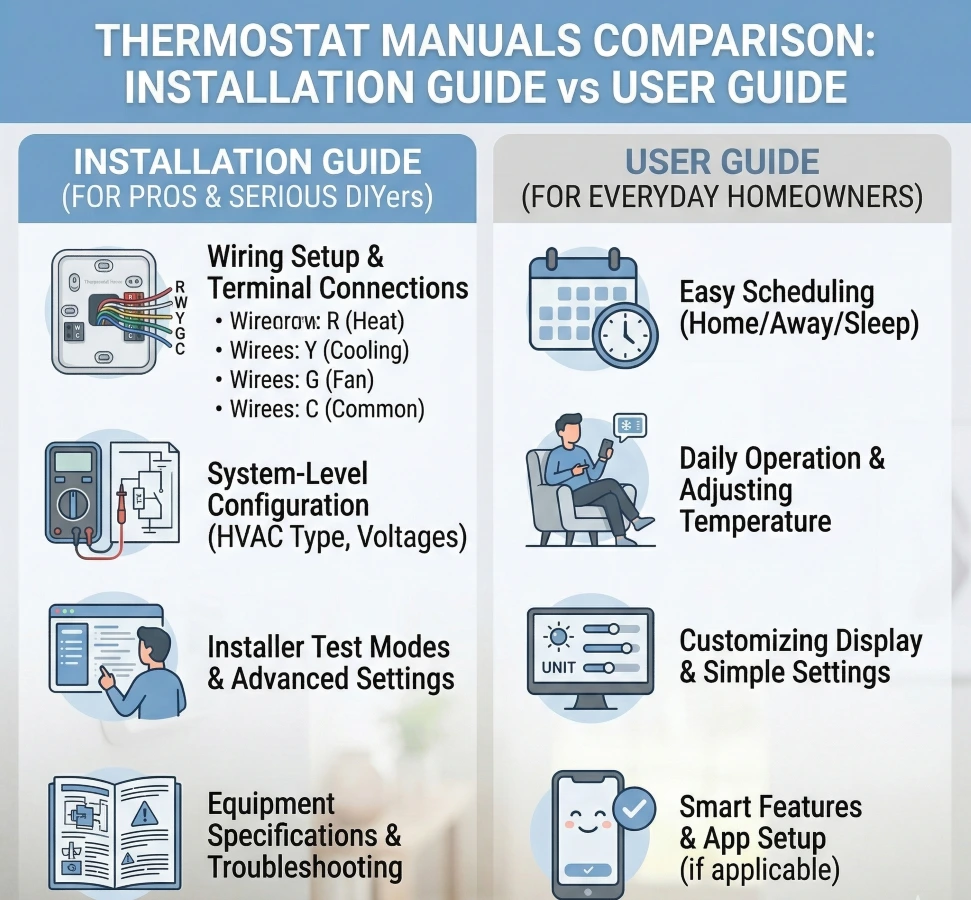 Honeywell Pro Series Thermostat Manual (T6, T4 & T1 Models Explained) 4 Infographic: Comparison between Honeywell installation guide and user guide