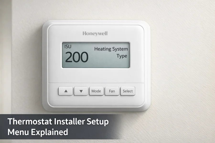 Honeywell thermostat showing ISU 200 installer setup menu screen on display