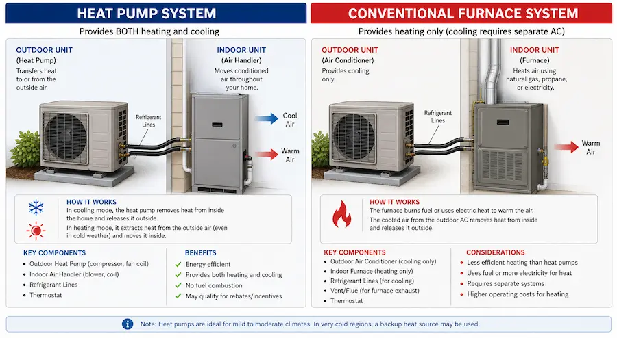 Heat pump vs conventional HVAC system diagram showing key differences
