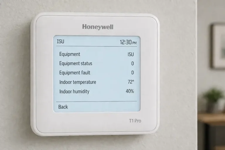 Honeywell T1 Pro thermostat showing ISU installer setup menu