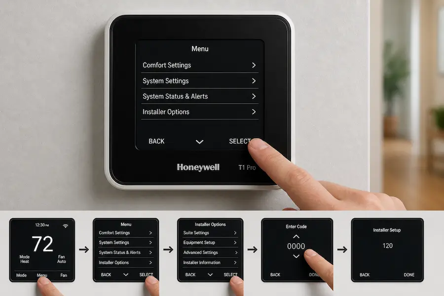 Pressing Menu button on Honeywell T1 Pro thermostat to access ISU menu