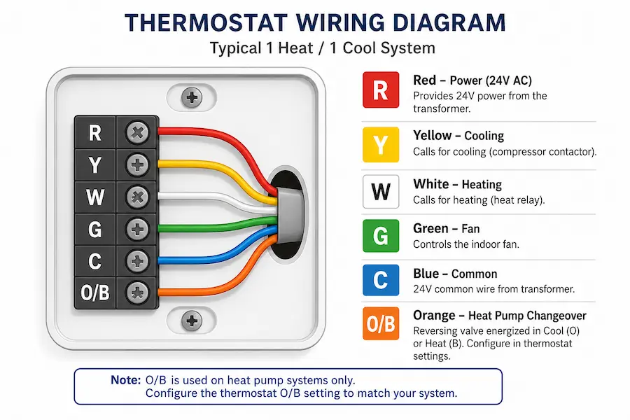 Thermostat wiring diagram showing O/B, Y, W, and R terminals for system identification