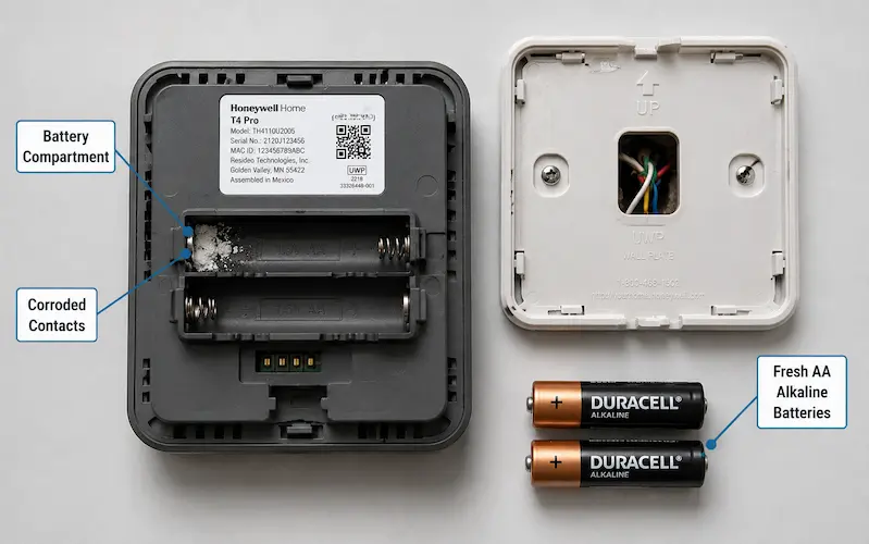 Honeywell T4 Pro thermostat removed from wall plate showing battery compartment